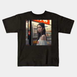 Asian Woman in front of a Convenience Store Kids T-Shirt